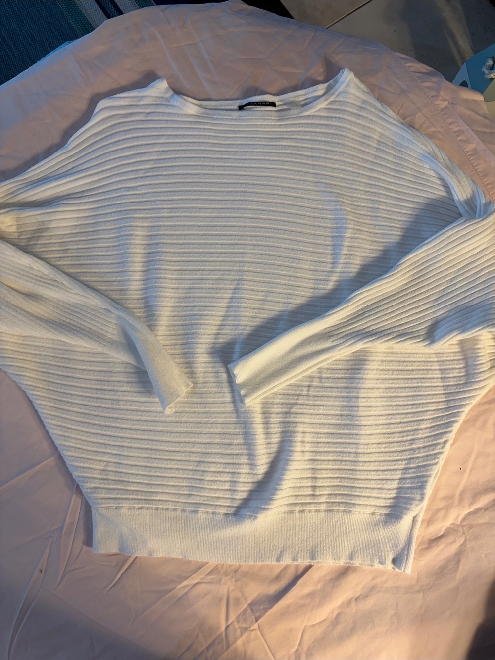 Tahari White Ribbed Scoop Neck Sweater